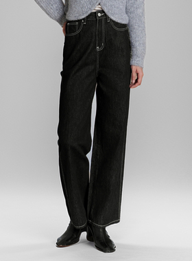 素芭复古摩登直筒牛仔裤女秋季撞色明线设计时尚百搭休闲裤SP0719