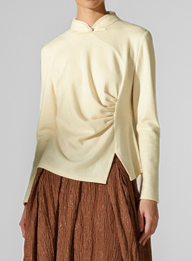素芭立体褶皱设计时尚小立领针织衫女秋季中式气质优雅上衣SS0725