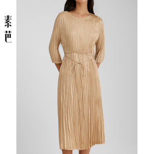 素芭不规则压褶连衣裙女春季 百搭休闲长裙SF0896 线型腰带设计时尚