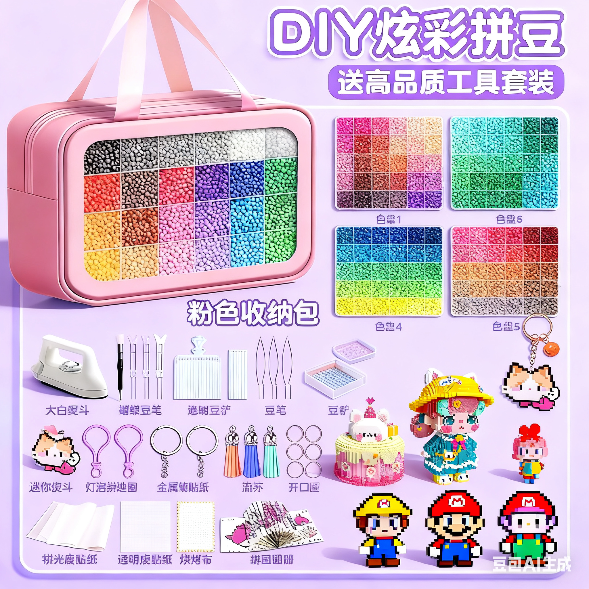 豪华拼豆手工diy材料包立体融合豆女孩玩具全套工具熨斗送黑白豆