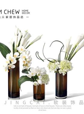 轻奢现代北欧黑色咖色直筒玻璃花瓶样板间售楼处客厅家居软装饰品