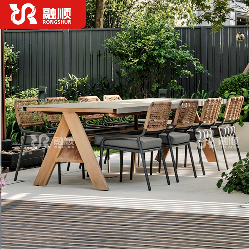 户外岩板桌椅室外庭院露天防水防腐柚木桌设计师阳台休闲藤椅家具