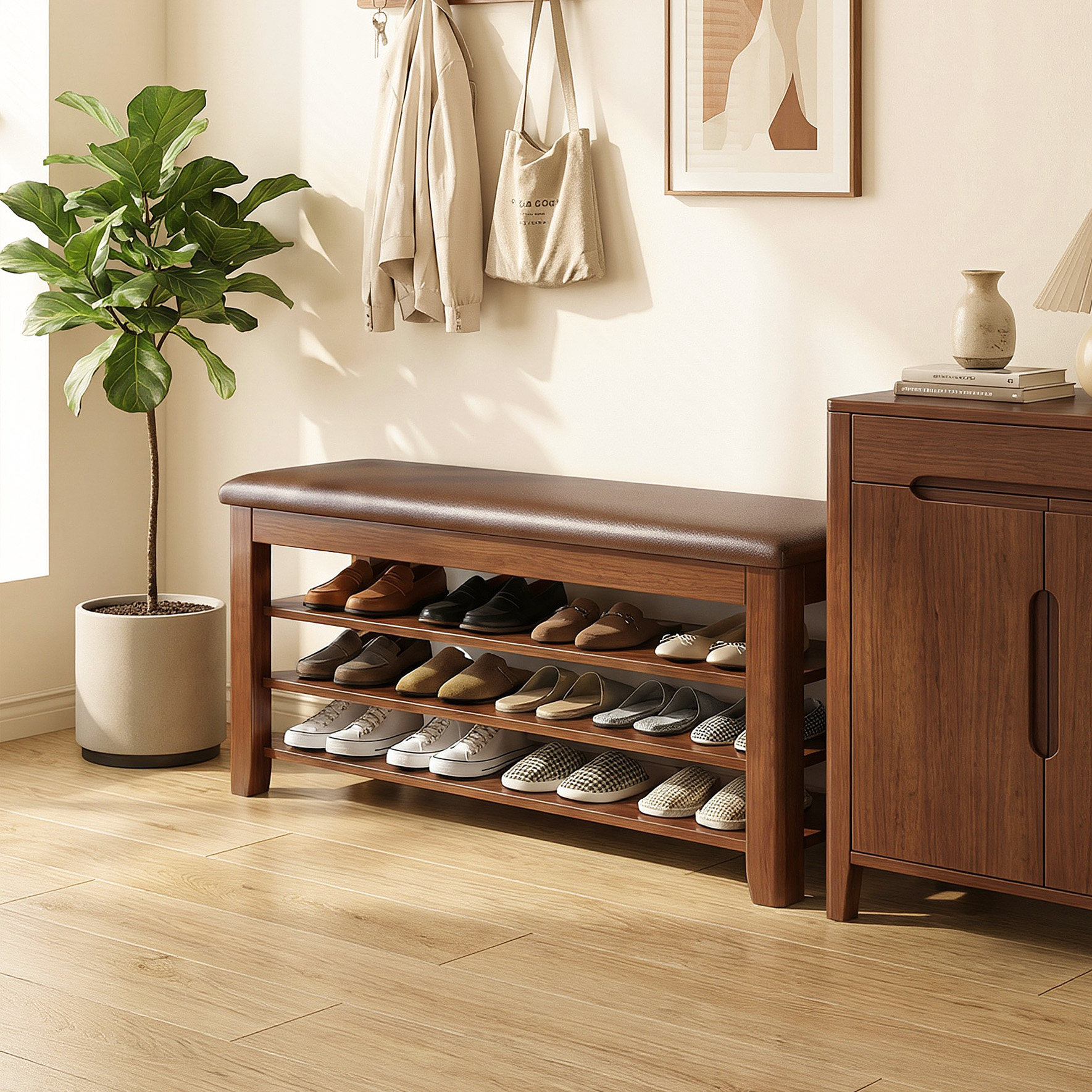 全实木软包换鞋凳小户型家用入户门口一体可坐换鞋柜多层收纳储物