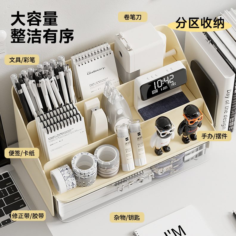 甄选文具收纳盒收纳盒家用抽屉式桌面置物架学生课桌记事本彩笔文