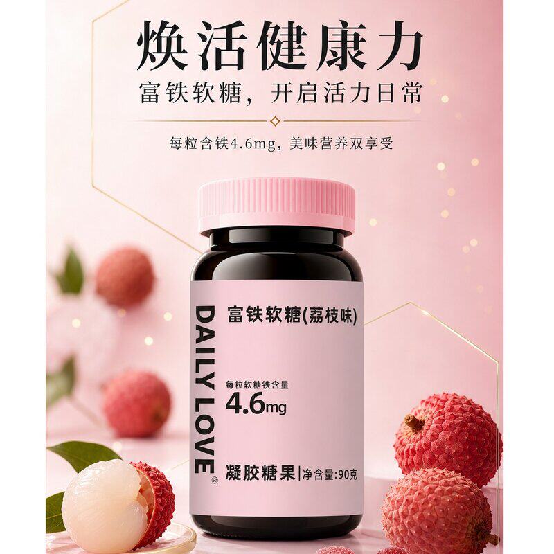 数量加到4到手4瓶199富铁软糖90g补铁健康荔枝味莓果味零食