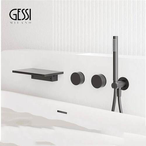 意大利捷仕GESSI浴缸龙头入墙式冷热缸边暗装瀑布水龙头拉丝银