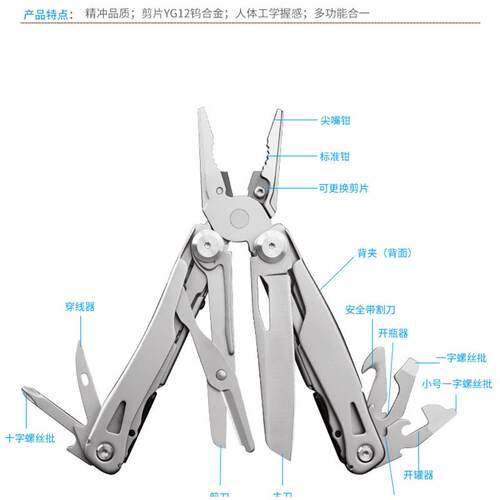 高硬度440不锈钢折叠钳户外多功能组合大力钳子工具刀钳露营应急