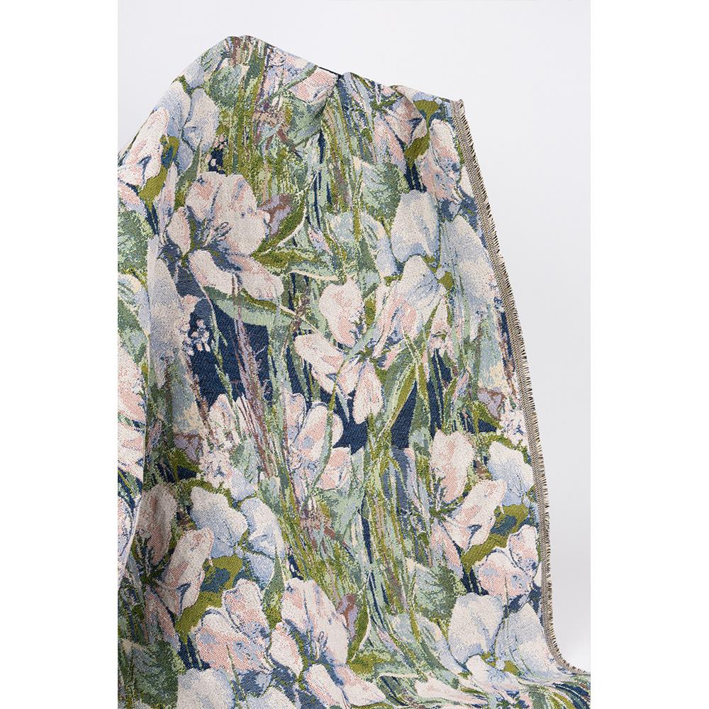 油画风绿色花卉提花布料服装面料高档设计师面料连衣裙沙发布料