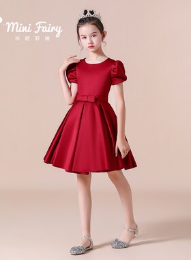 新款女童圣诞节公j主裙元旦红色缎布主持礼服诗朗诵短袖钢琴演出