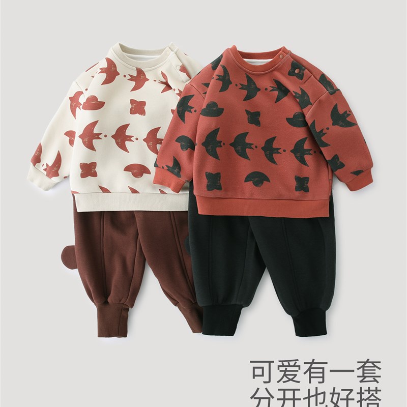 宝宝周岁礼服男宝秋冬加绒两件A套女童加厚保暖卫衣儿童新年服套