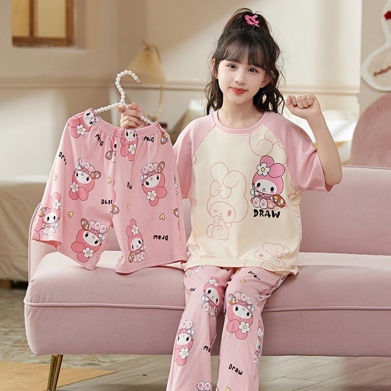 三件套女童睡衣2024新款夏季纯棉薄款短袖长裤儿T童女孩套装家居