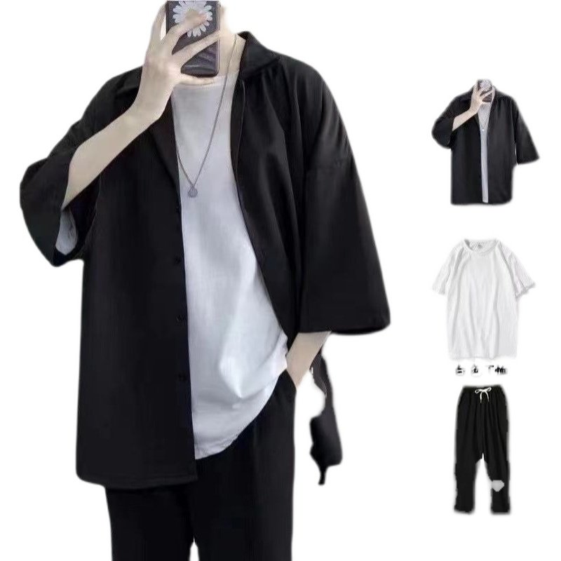 三件套夏季短袖衬衫m男简约韩版宽松休闲套装男痞帅薄款衬衣搭配,男装,休闲运动套装,淘宝优惠券,粉丝福利购,淘宝优惠卷