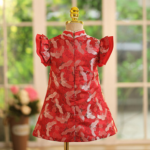 中式女童2023新款礼服t女宝宝国风红色婴儿抓周旗袍唐装洋气夏季