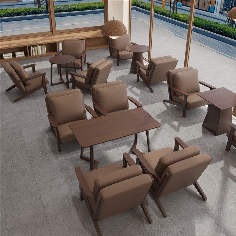 覆古咖啡厅奶茶店实木纳帕皮单人沙发休闲M洽谈卡座酒吧桌椅组合