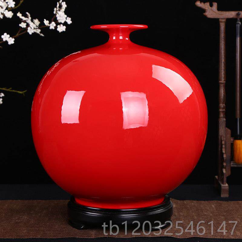 正品化中国红瓷花瓶摆件红天地方圆陶瓷德牡纯丹花家 居饰品玄关