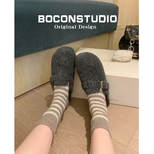 毛毡勃肯鞋加绒女秋冬毛毛鞋外穿东北棉鞋厚底博肯鞋灰色半拖鞋子