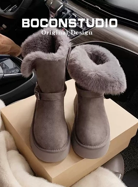 内增高~灰色雪地靴女加绒毛毛冬季保暖雪地棉鞋中筒厚底长筒靴子