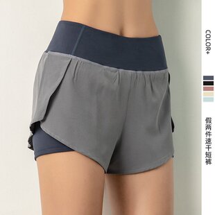 外贸大码假两件速干短裤女生跑步健身裤口袋防走光裤宽松运动短裤
