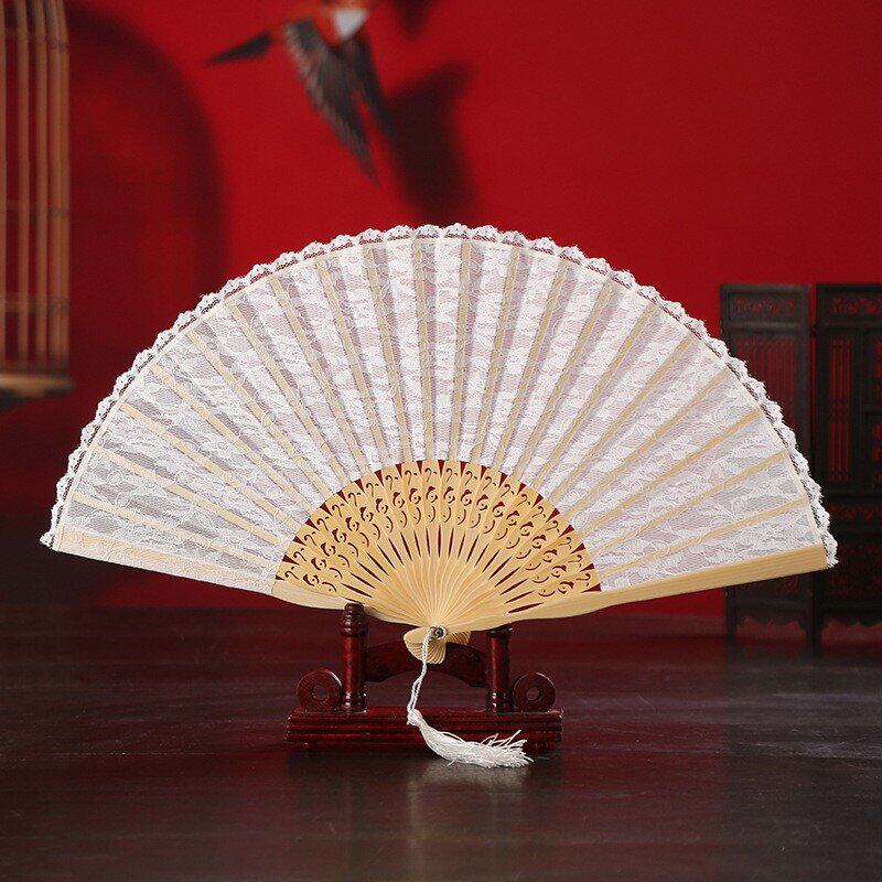 真丝复古高档蕾丝扇子7寸棉麻中国风折扇日式竹女士镂空折叠扇
