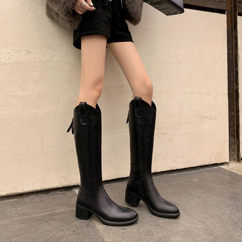 2025长筒靴子女秋冬绝美巨好看的气质高筒不过膝骑士中粗跟黑棕色
