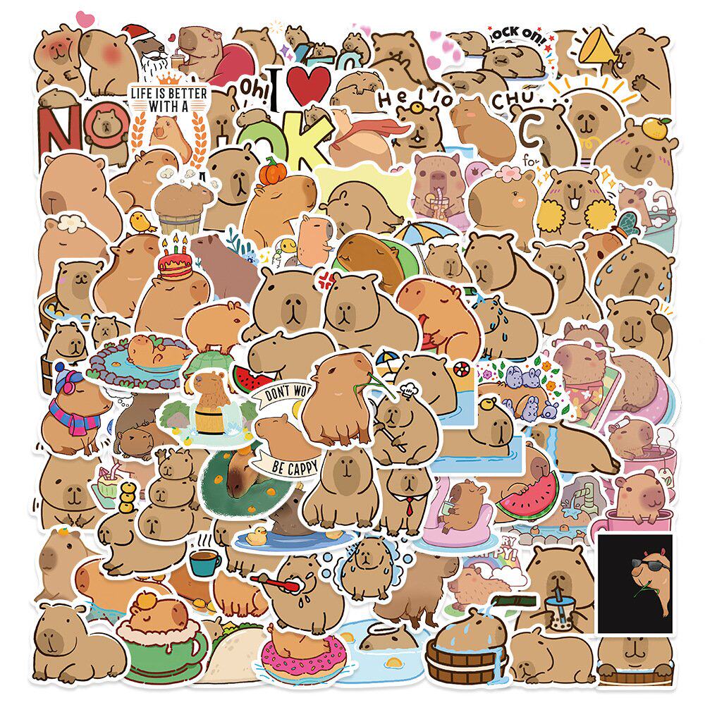 100张跨境热卖卡通水豚涂鸦贴纸滑板车吉他拉杆箱水杯diy装饰贴
