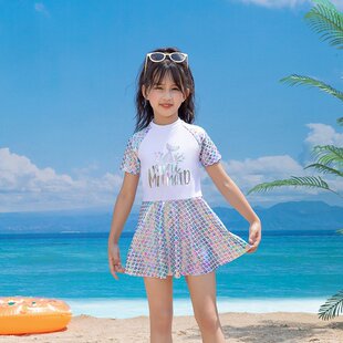 儿童泳衣女孩中小童分体游泳衣女童夏季 小女孩 鱼鳞印花女运动款