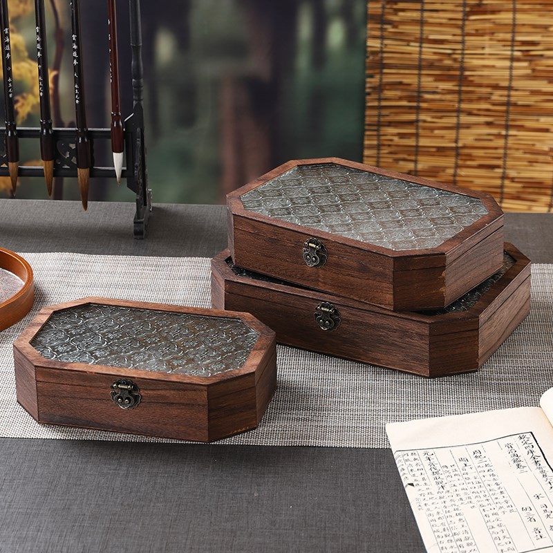 海棠玻璃复古实木首饰盒饰品手串收纳盒珠宝配饰手饰盒包装盒