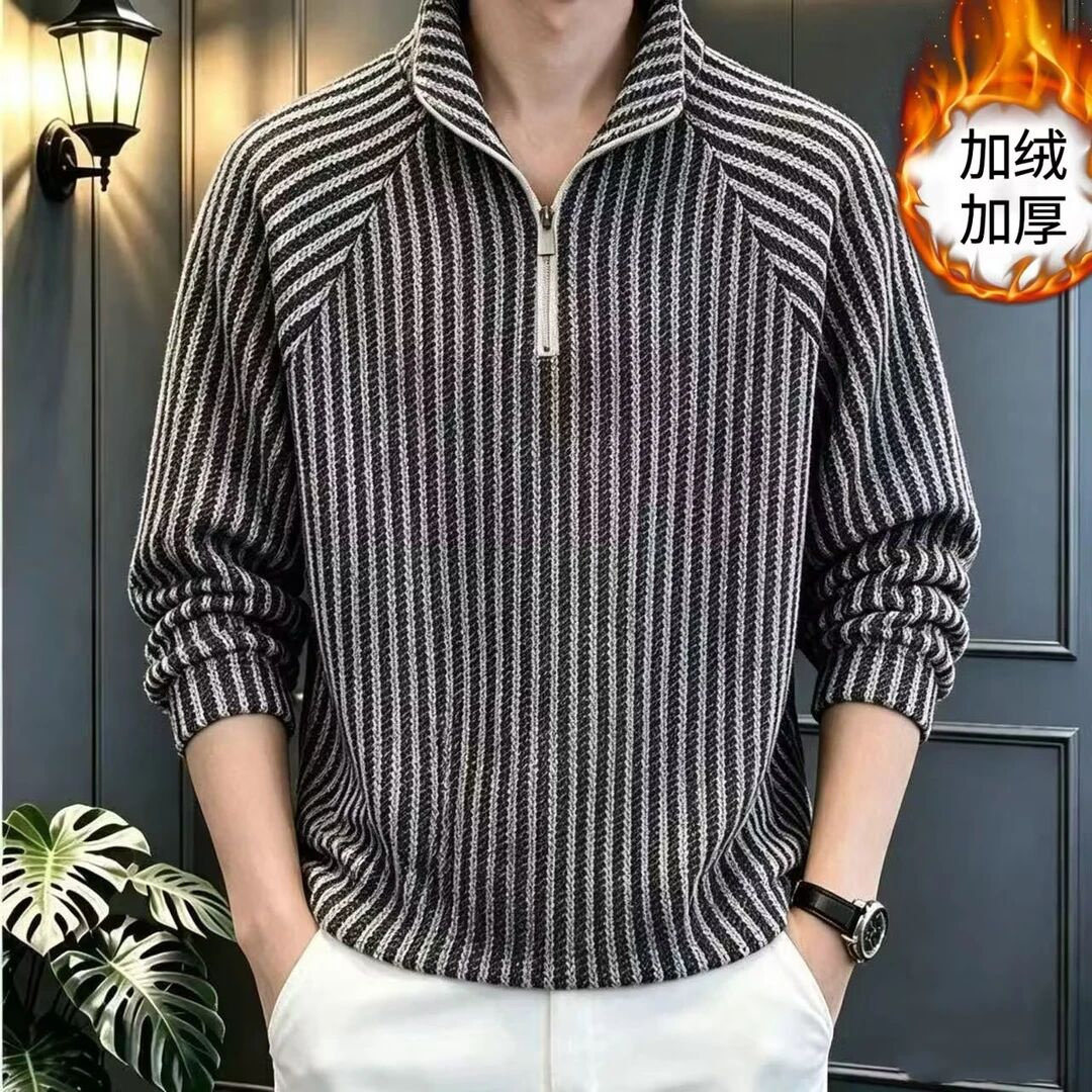 新款秋季男士半开襟拉链条纹修身高级潮流休闲百搭长袖卫衣上衣