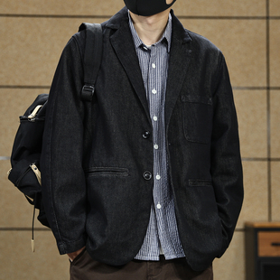 美式 夹克牛仔外套男春秋轻熟通勤宽松休闲西服男 复古丹宁水洗西装