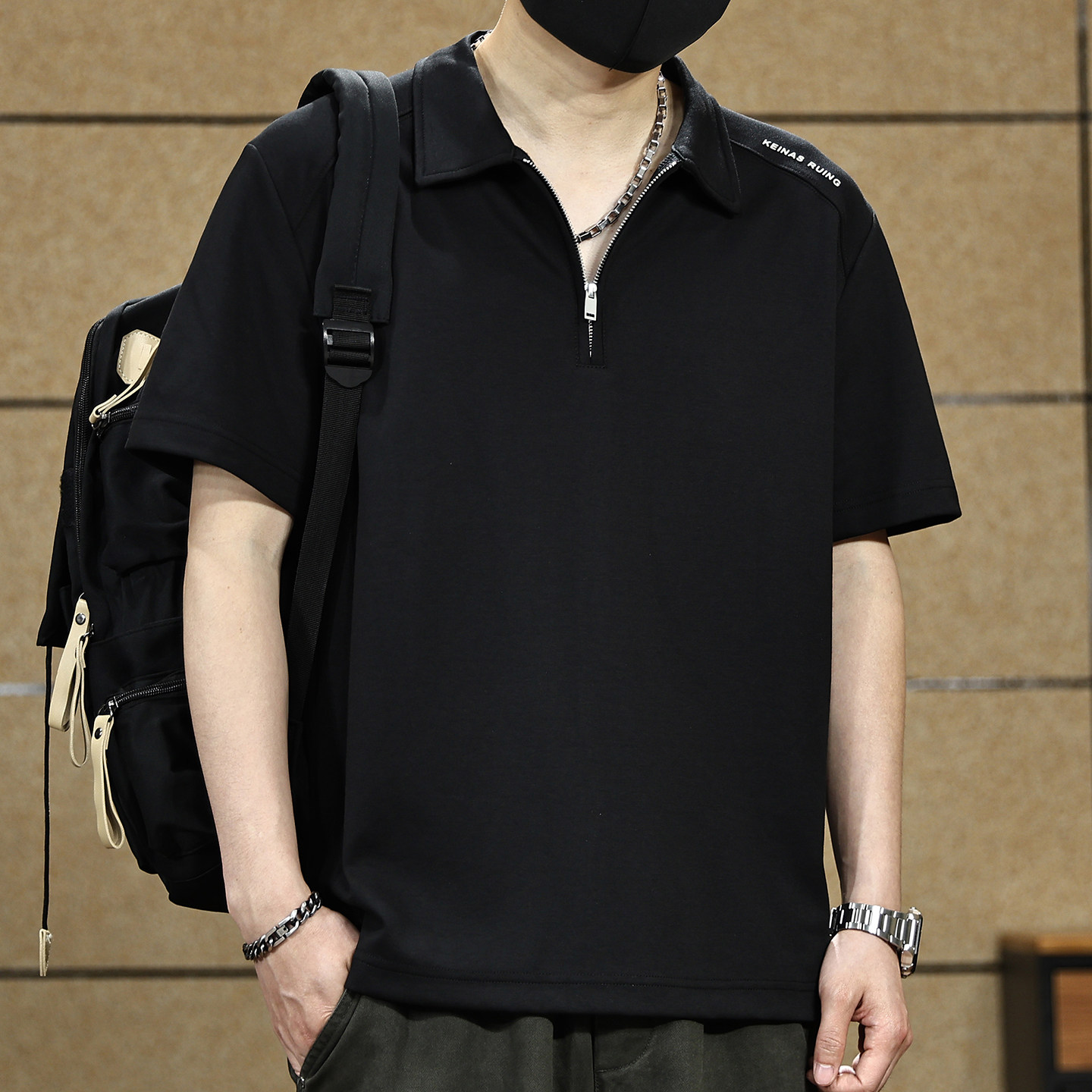 美式潮牌半拉链短袖POLO衫男士夏季新款宽松休闲半袖t恤男款上衣