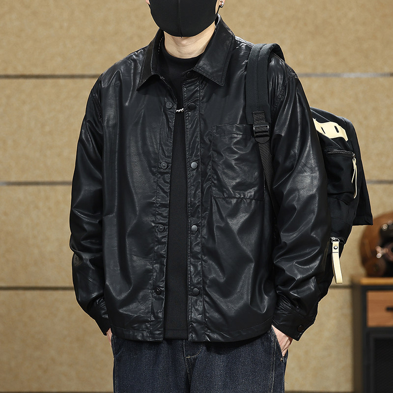 美式复古翻领衬衫外套男士春秋季新款宽松百搭休闲机车皮衣夹克男