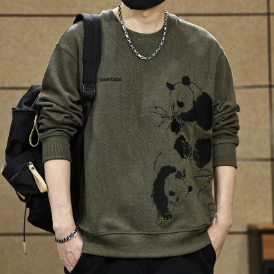熊猫绣花卫衣男宽松长袖加绒衣服
