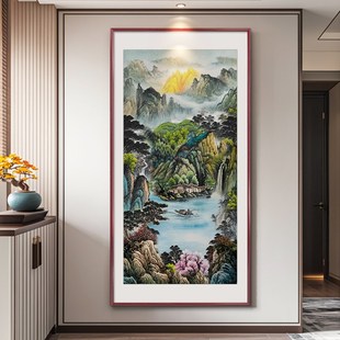 精选金山聚宝盆玄关挂画新中式西墙聚财山水画靠山图装饰画竖版大