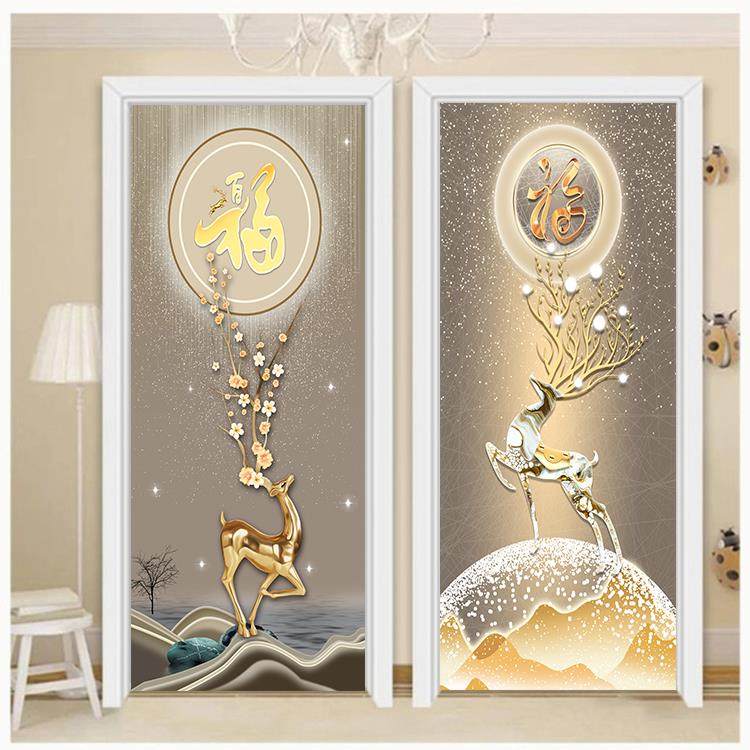 轻奢麋鹿门贴纸整张自粘装饰旧门翻新房门衣柜门玻璃门防走光贴画