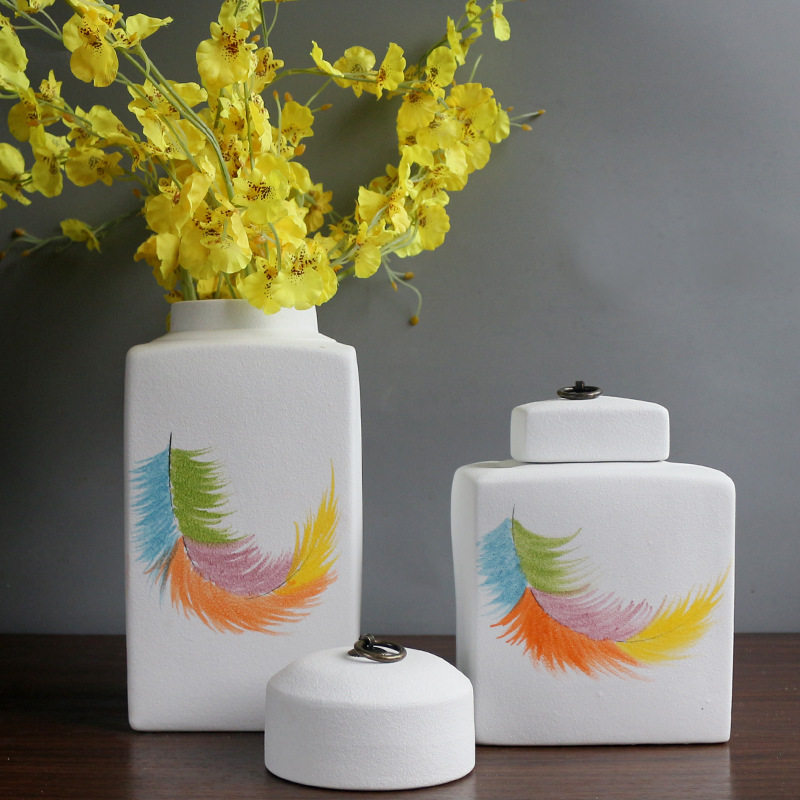 陶瓷四方罐酒店别墅客厅茶几储物罐器皿手绘羽毛磨砂装饰花瓶,模玩/动漫/周边/娃圈三坑/桌游,文化/体育周边,淘宝优惠券,粉丝福利购,淘宝优惠卷