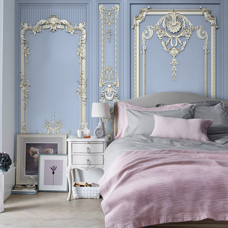 8D欧式仿石膏线电视背景墙壁纸沙发墙纸卧室床头方框墙布全屋定制