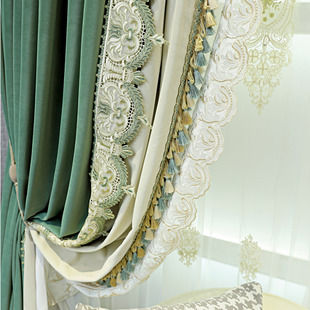 精选窗帘加厚遮光法式绒布窗帘深豆绿色拼米白色2021客厅卧室别墅