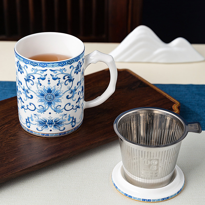高淳陶瓷新中式复古青花滤茶杯珐琅彩茶杯带盖子骨瓷水杯礼盒会议