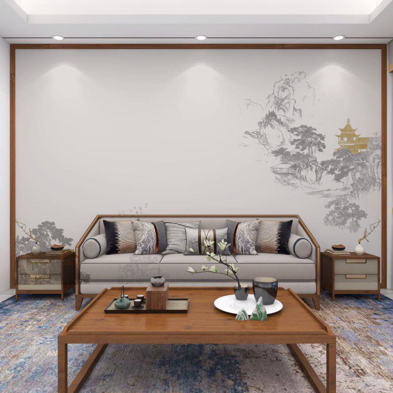 精选轻奢新中式水墨山水壁布客厅电视背景墙壁纸抽象阁楼壁画茶室