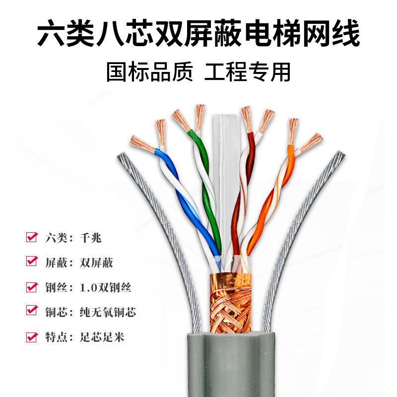 国标电梯专用网线随行4芯8芯无氧铜双钢丝屏蔽双绞监控摄像网络线