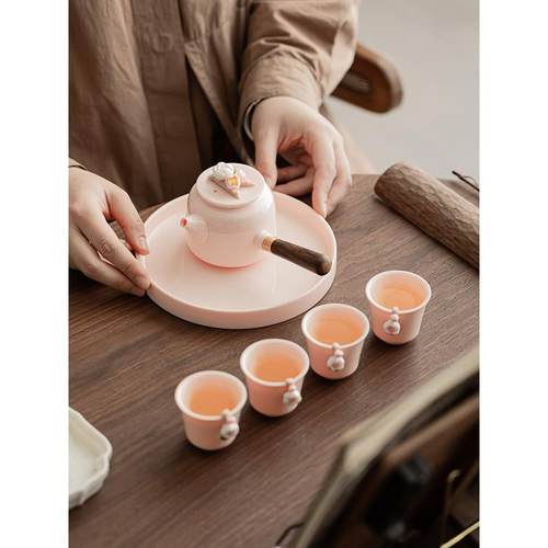 粉色茶具陶瓷家用套装茶杯手工捏花侧把茶壶女生专用喝茶茶杯