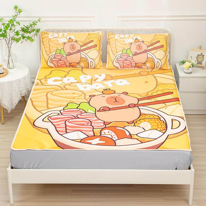 卡皮巴拉水豚冰丝席三件套女孩宿舍夏天可水洗折叠凉席单双人席子