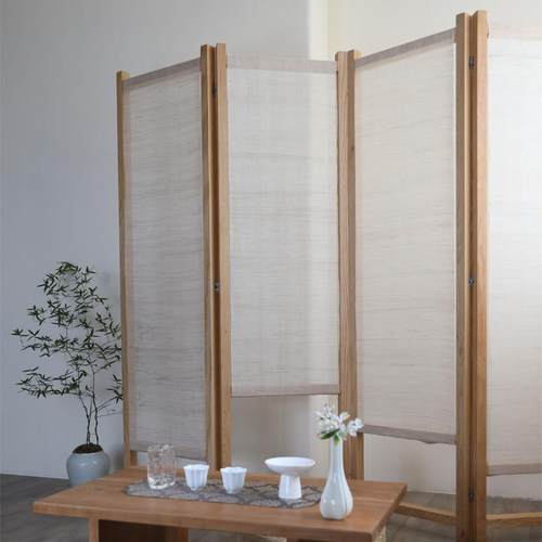 侘寂风原木苎麻屏风隔断现代简约酒店客厅进门入户玄关遮挡屏折屏