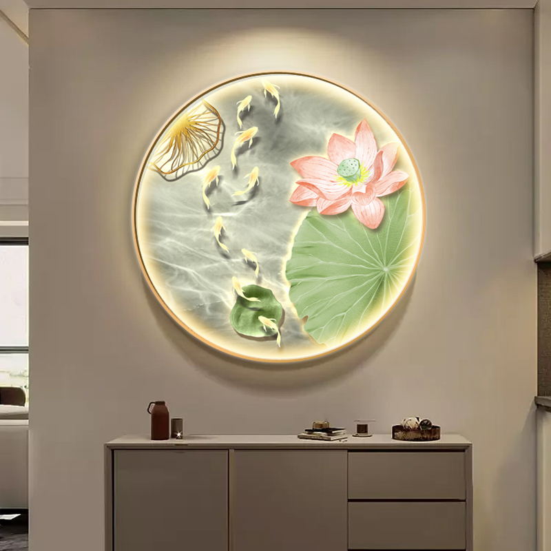 现代简约九鱼图玄关装饰画客厅入户门荷花壁灯画走廊过道圆形挂画图片
