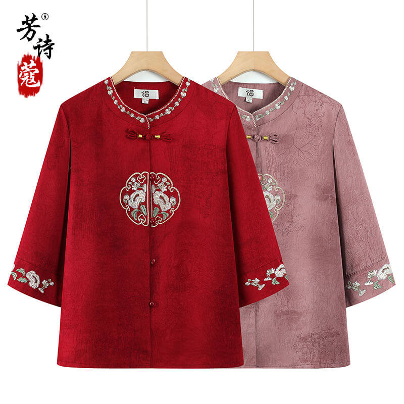 奶奶装夏季中袖衬衫女老年妈妈夏天60岁70衬衣圆领老人太太婆衣服