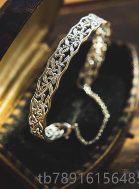 正品25银9花纹镂简约复古风开口手镯金属狂 潮百搭气质手环金空银