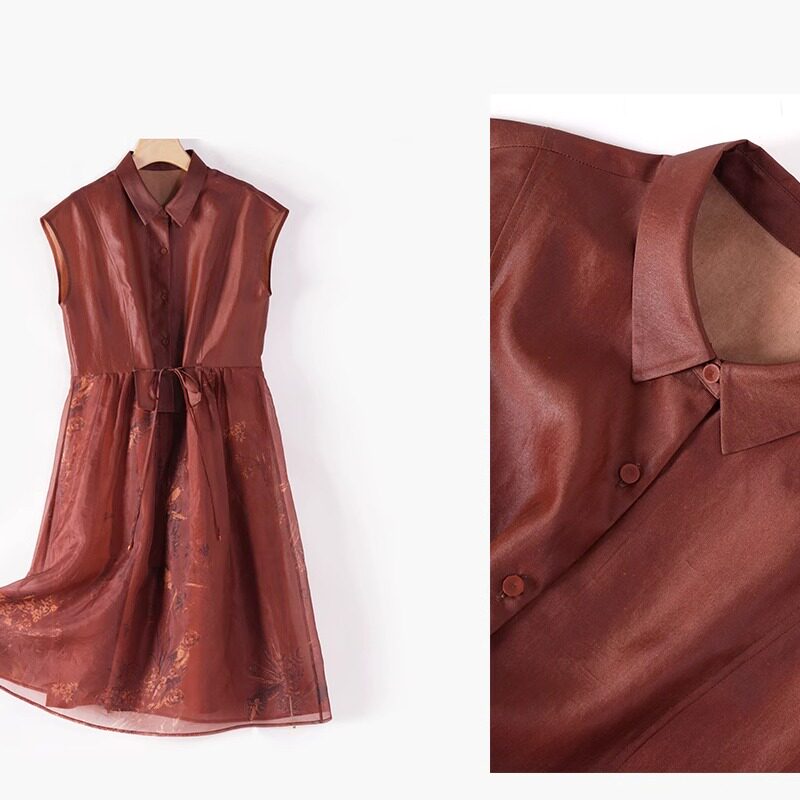 100%桑蚕丝红云纱真丝绡休闲风高端女装新款带腰带气质连衣裙