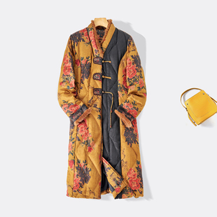 中式100%桑蚕丝90白鸭绒香云纱女装羽绒服香云纱高端长款羽绒服