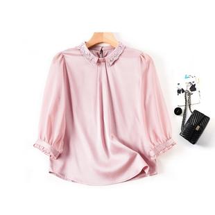 92%桑蚕丝弹力双乔甜美风高端女装新中式圆领休闲宽松真丝衬衫