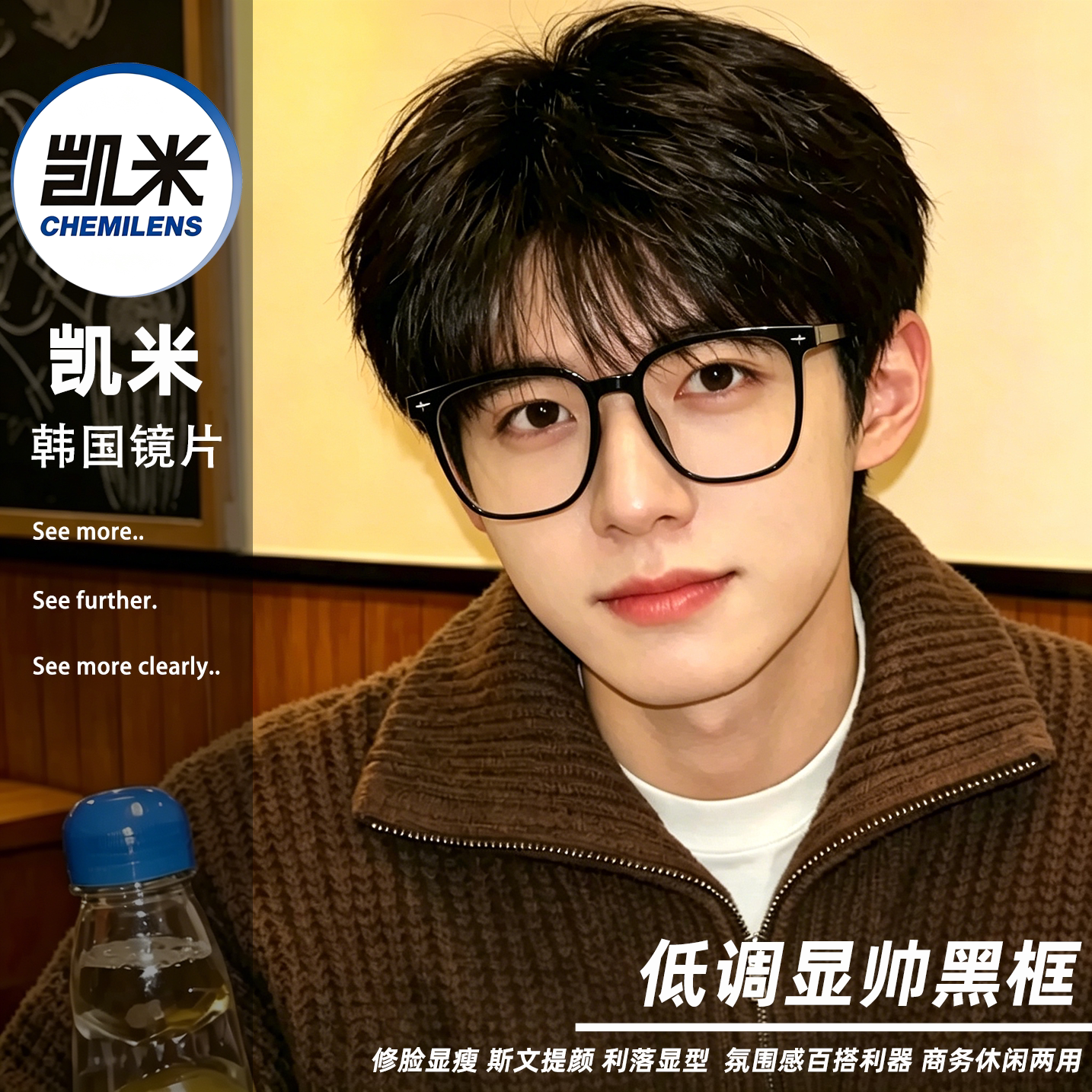 凯米镜片斯文显帅黑方框近视眼镜男士休闲显脸小商务通勤学生框H